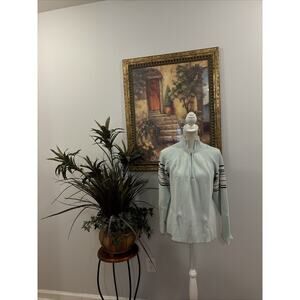 Daisy Fuentes Ribbed 1/4 Zip Sweater Long Sleeve High Neck Light Blue White Gray